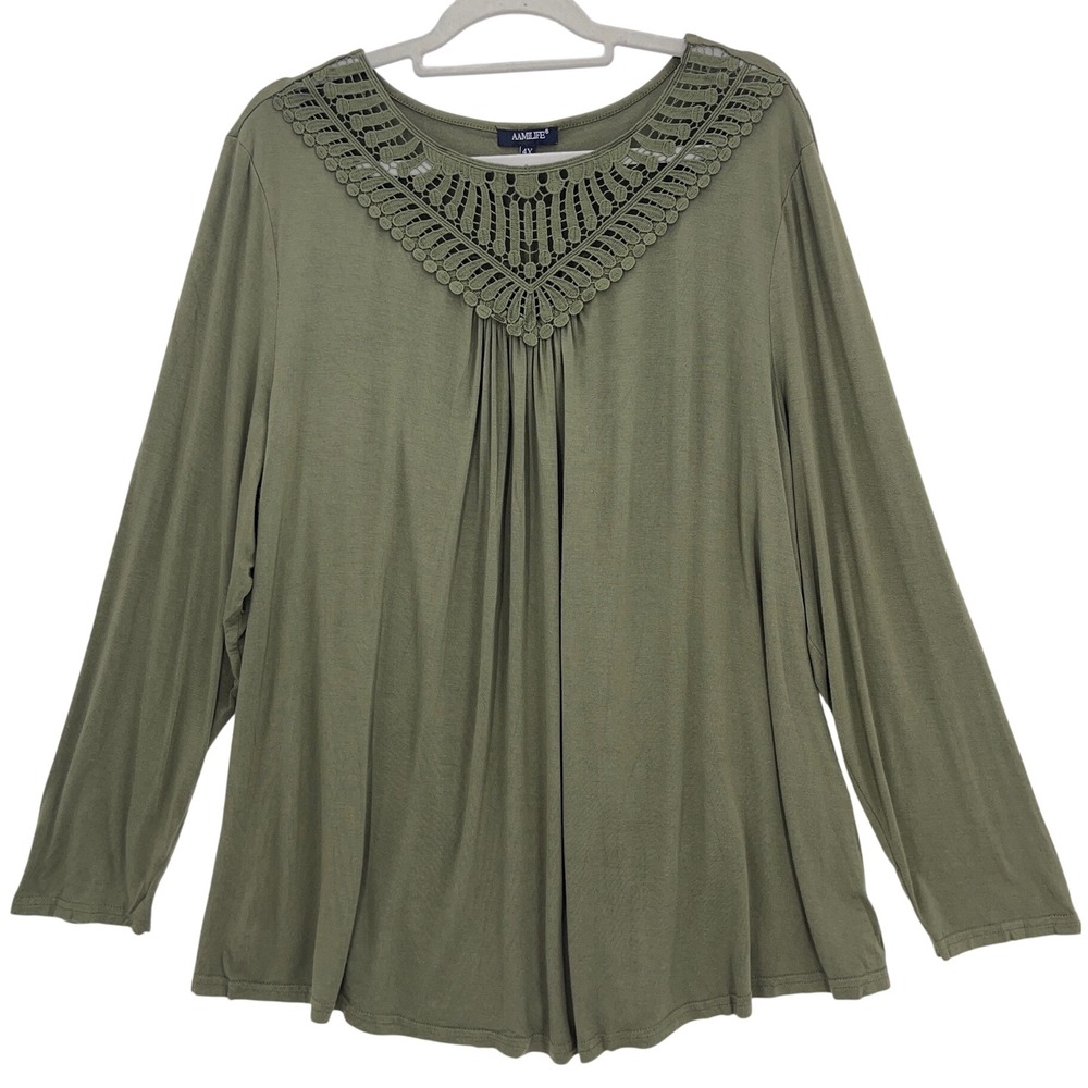 Green Crochet Lace Yoke Long Sleeve Blouse 4X Pleated Boho Top Plus Curvy